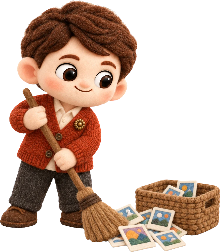 Buddy sweeping screenshots into a basket