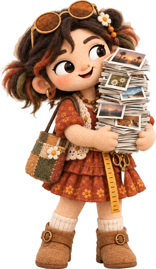 Pictailor carrying a tall stack of photos