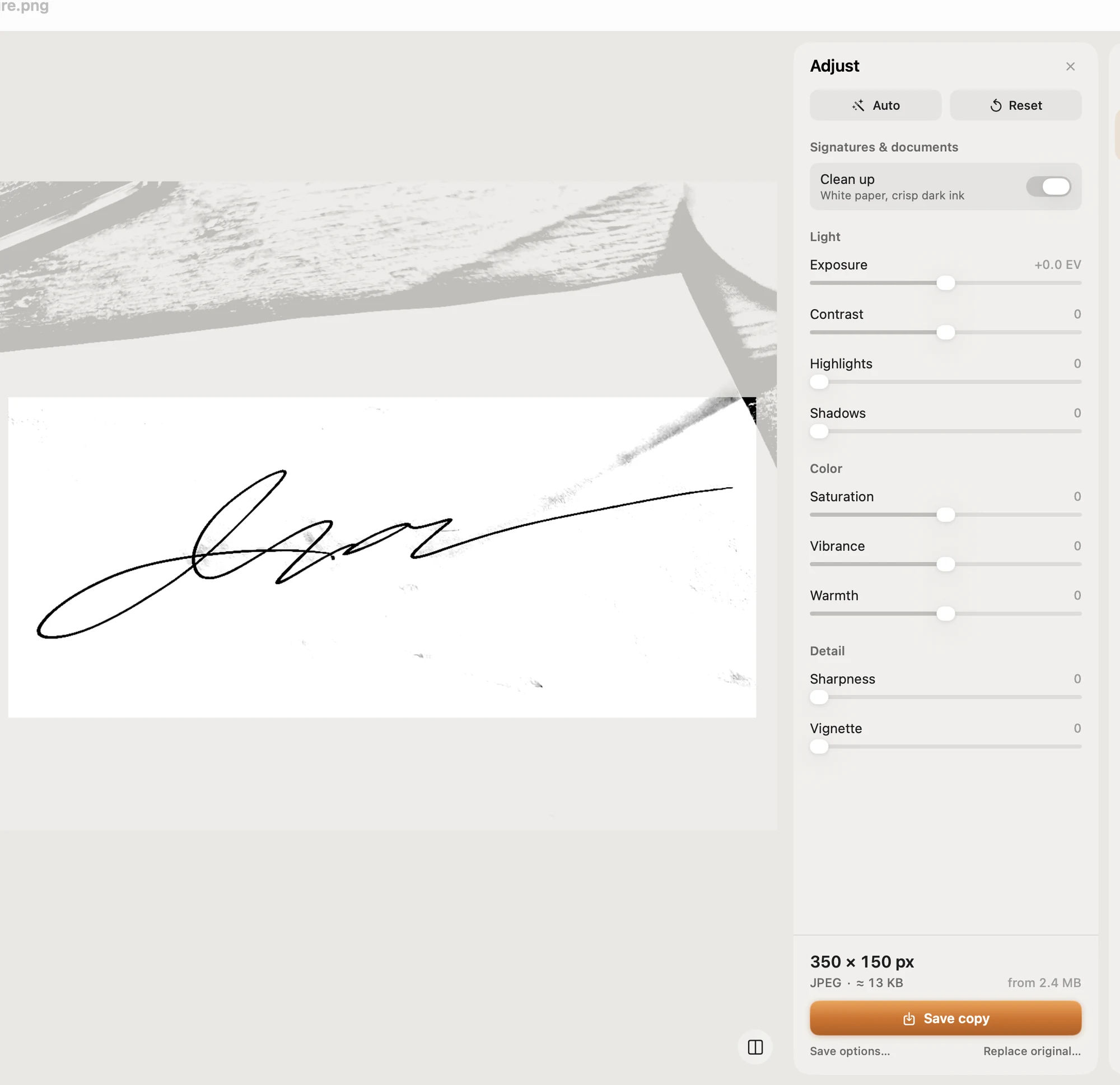 Pictailor app: Signature · 10–20 KB, cleaned to white paper and black ink